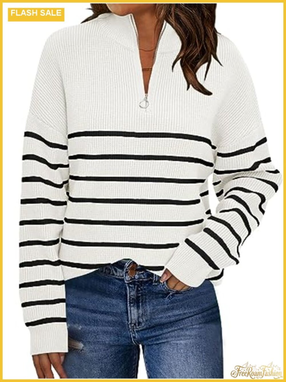 Oversized Quarter Zip Striped Ribbed Knit Pullover Sweater